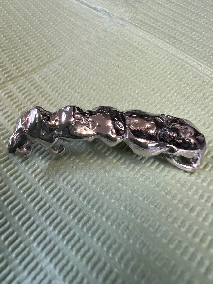 金属で作ったメタルオーバーレイ。歯の噛む面の形をした金属が、数本の歯の分つながっている