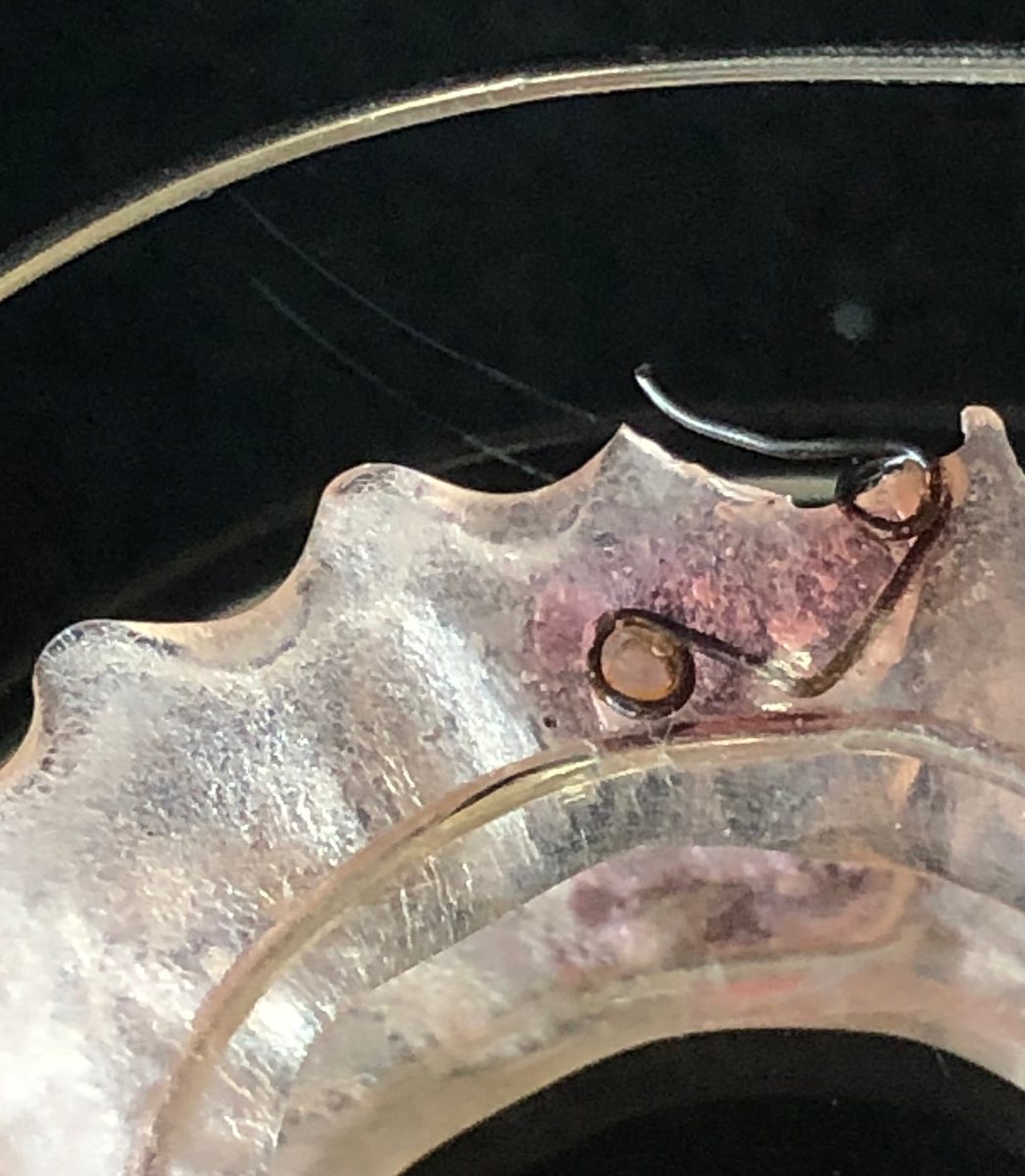 透明な樹脂のリテーナーに、あとから足したワイヤー。小さな輪の形に曲げたワイヤーが2つ見える